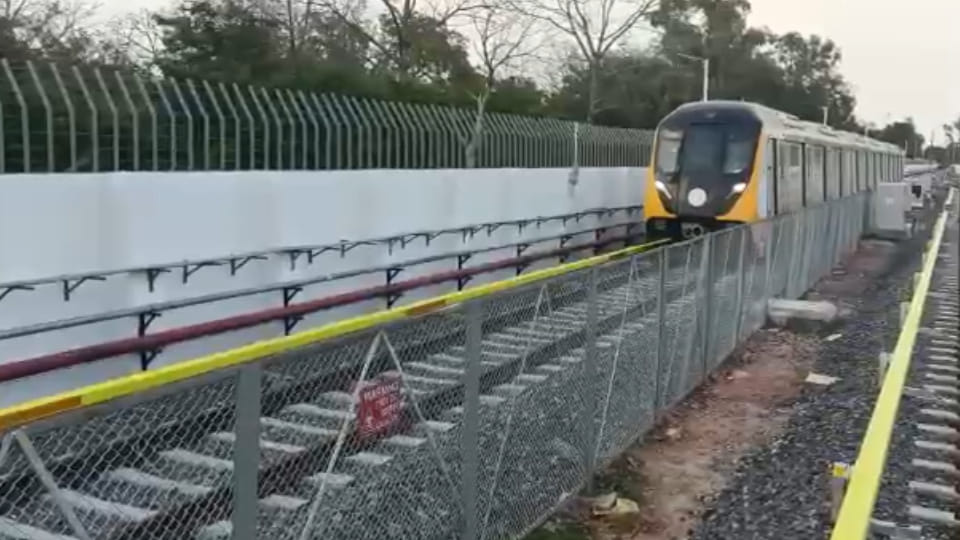Metro train trial run by Uttar Pradesh Metro Rail Corporation at Depot premises in Agra
