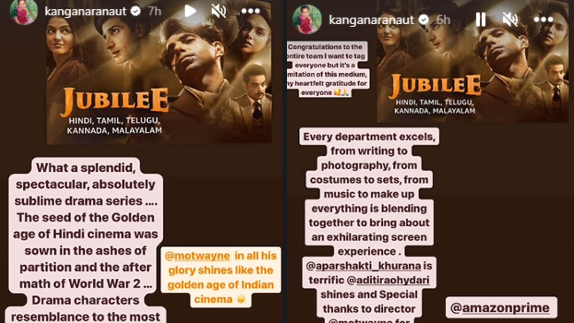 kangana ranaut praises web series Jubilee thanks Vikramaditya for casting Wamiqa Gabbi and Sidhant Gupta