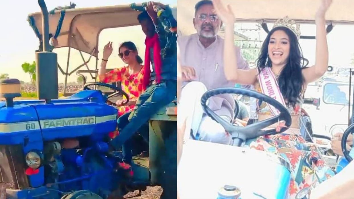 Miss India 2023 Nandini Gupta drives a tractor in the field in village Bhandaheda Kota