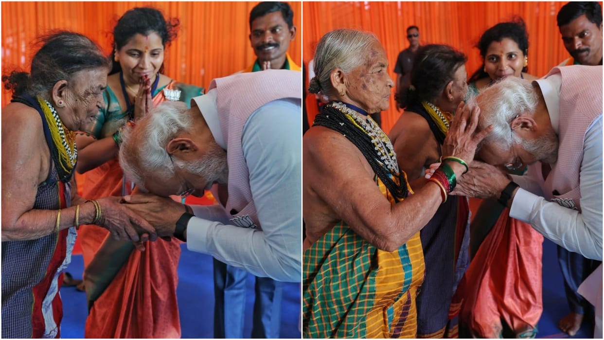 Prime Minister Narendra Modi meets Tulsi Gowda and Sukri Bommagowda, Padma award recipients from Karnataka