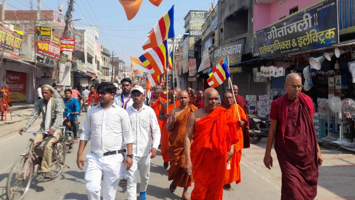 Buddhist monks and worshipers took out a procession in Kushinagar