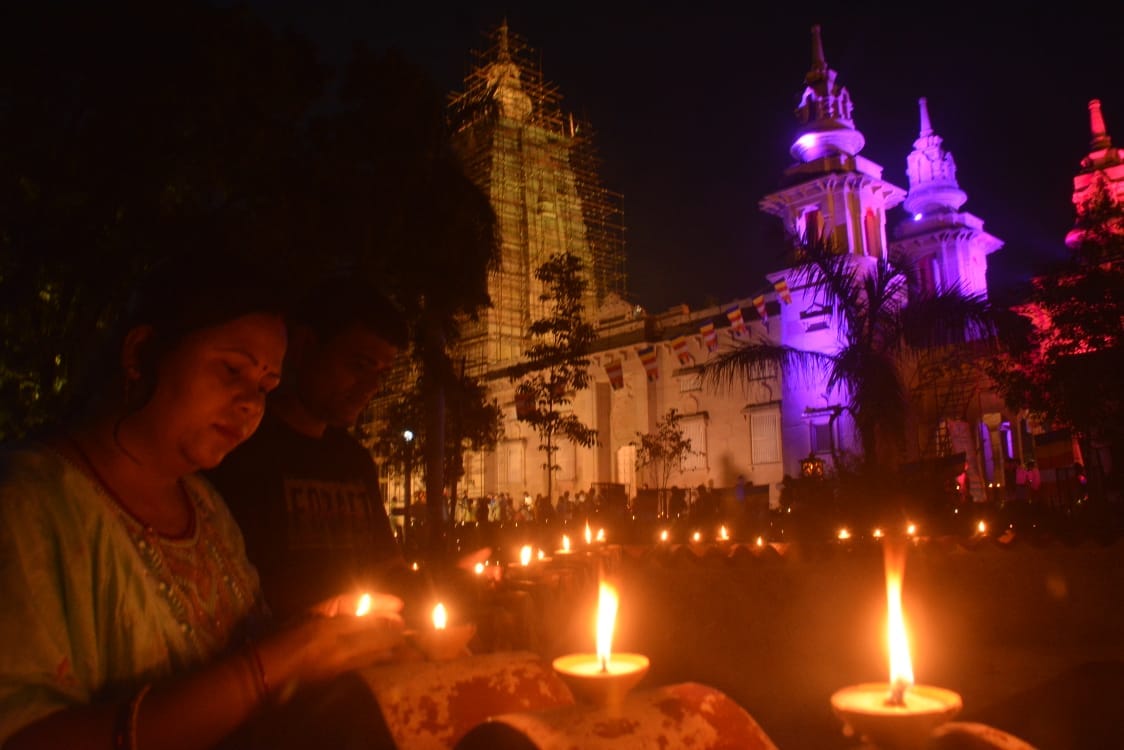 Buddha Purnima Tathagat preaching site illuminated by lamps in Sarnath varanasi