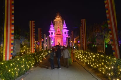 Buddha Purnima Tathagat preaching site illuminated by lamps in Sarnath varanasi