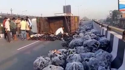 The pickup coming from Rajasthan to Paharia Mandi of Varanasi overturned in Harhua, brinjals scattered far and