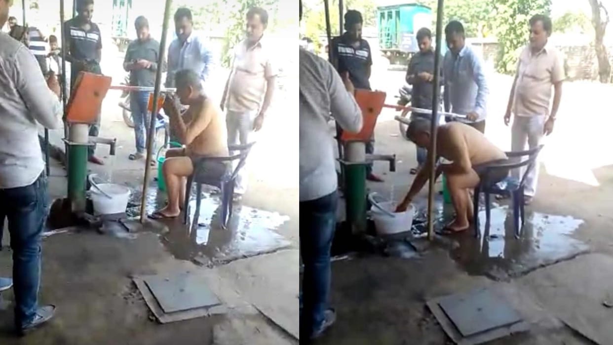 Harish Rawat Video viral taking bath at hand pump sitting on dharna for payment of sugarcane uttarakhand news