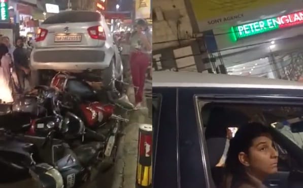 The feat of a novice car driver girl in Kanpur, the car climbed on the bikes parked in the parking lot