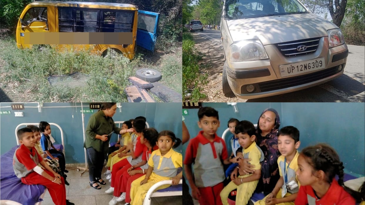 School van overturns in mine after hitting car in Yamunanagar
