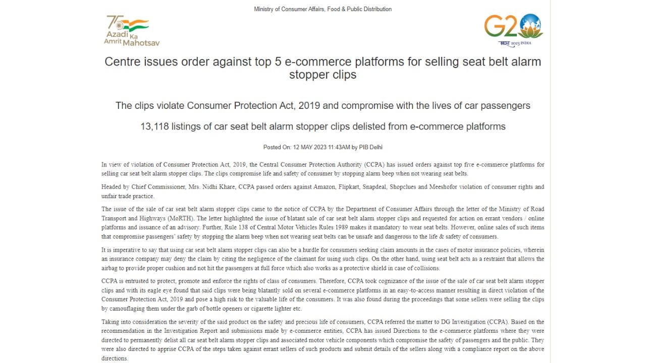 centre govt issues order against five e commerce platforms for selling seat belt alarm stopper clips