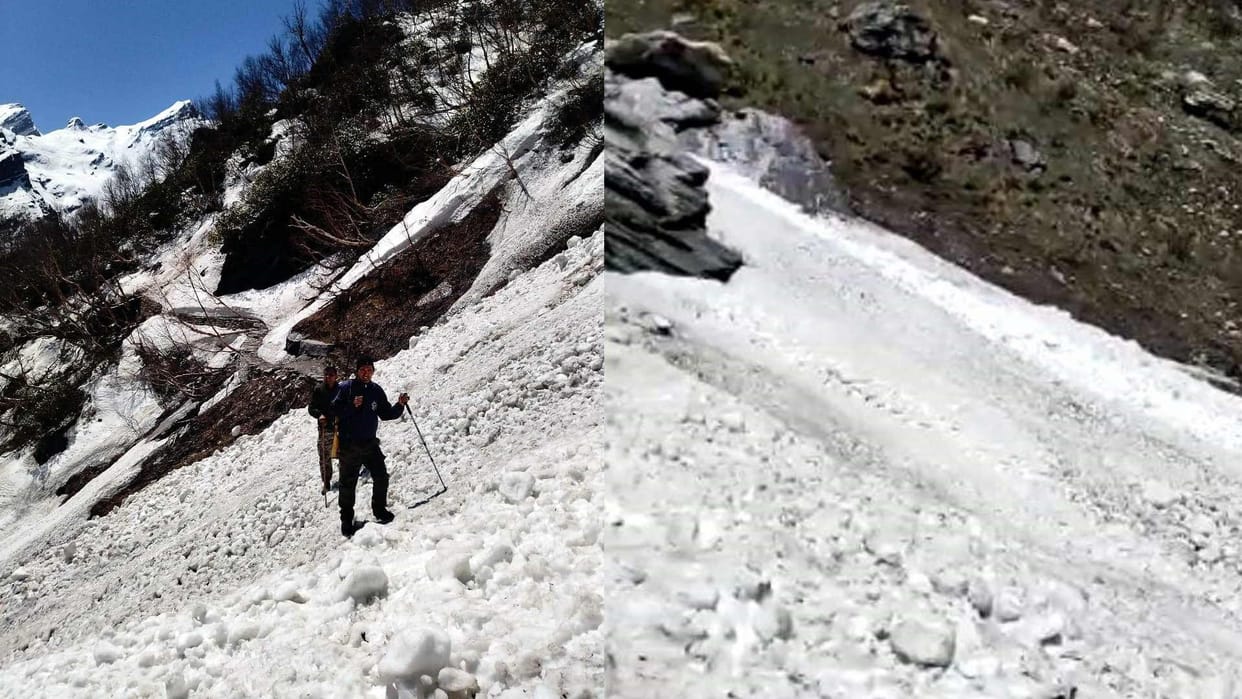 Heavy icebergs are spread on the three kilometer walking track of Valley of Flowers Chamoli Uttarakhand news