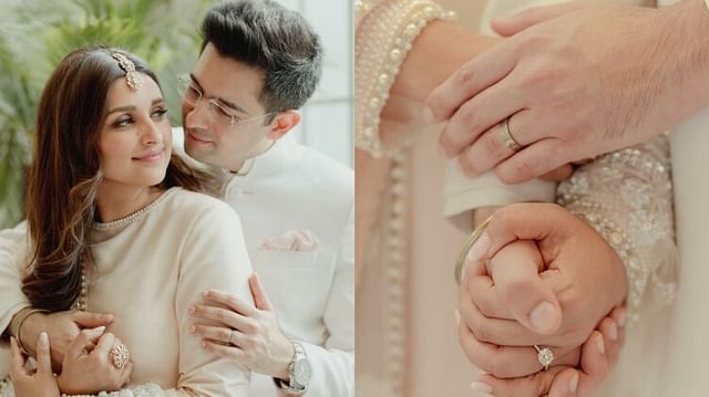 Parineeti Raghav Engagement Look : सगाई में दिखा परिणीति और राघव का रॉयल लुक, आउटफिट की हो रही तारीफ Parineeti Chopra Raghav chadha Engagement look see photos
