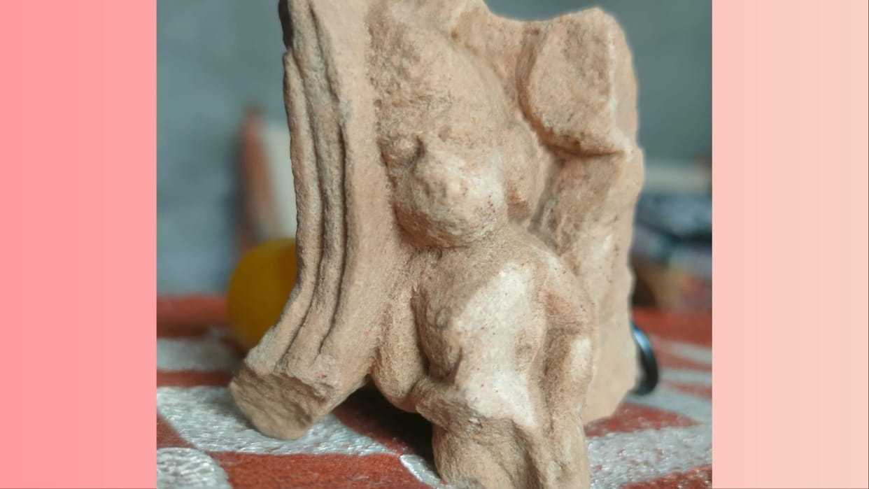 Madanika idol found from historical Karna Kot mound, carved on red stone of Aravalli mountain