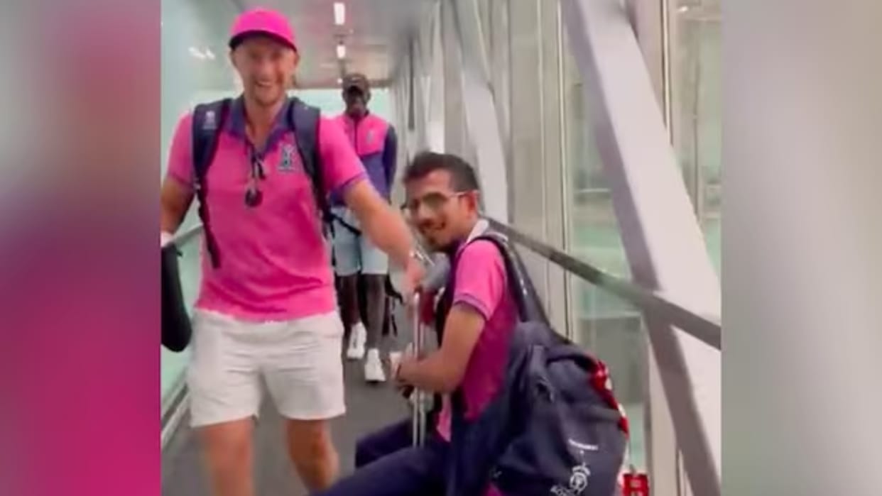 IPL 2023: Yuzvendra Chahal funny video sitting on Joe Root suitcase, collided with fellow players, Watch video