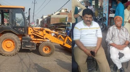 former chairman sons sitting in front of bulldozer in Pilibhit