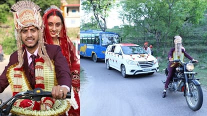 bride and groom entry on bullet in wedding at Mandi Himachal Pardesh