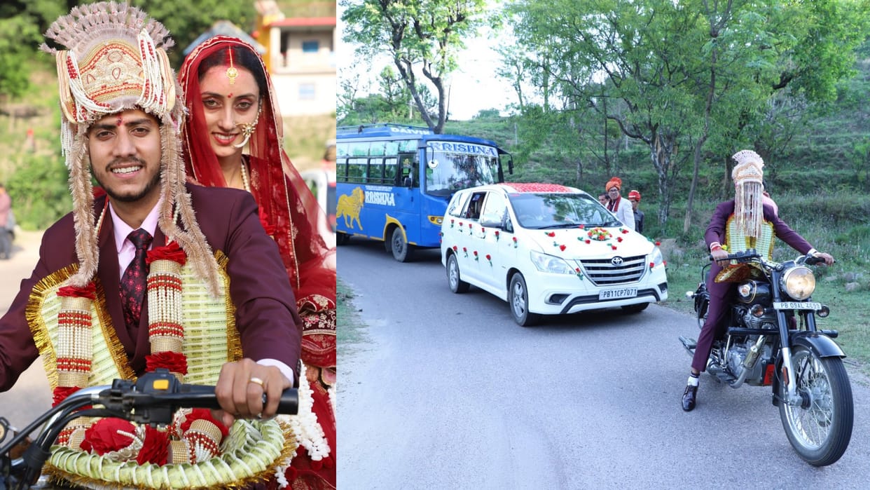 bride and groom entry on bullet in wedding at Mandi Himachal Pardesh