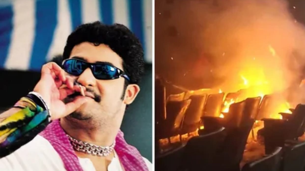 Jr NTR fans burn firecrackers during Simhadri re release after 20 years Fire breaks out inside theatre