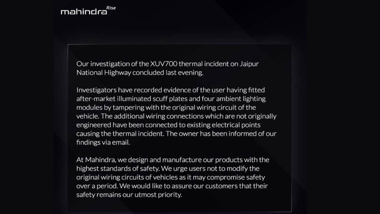 mahindra xuv700 fire because of aftermaket accessories, company investigated jaipur highway fire incident
