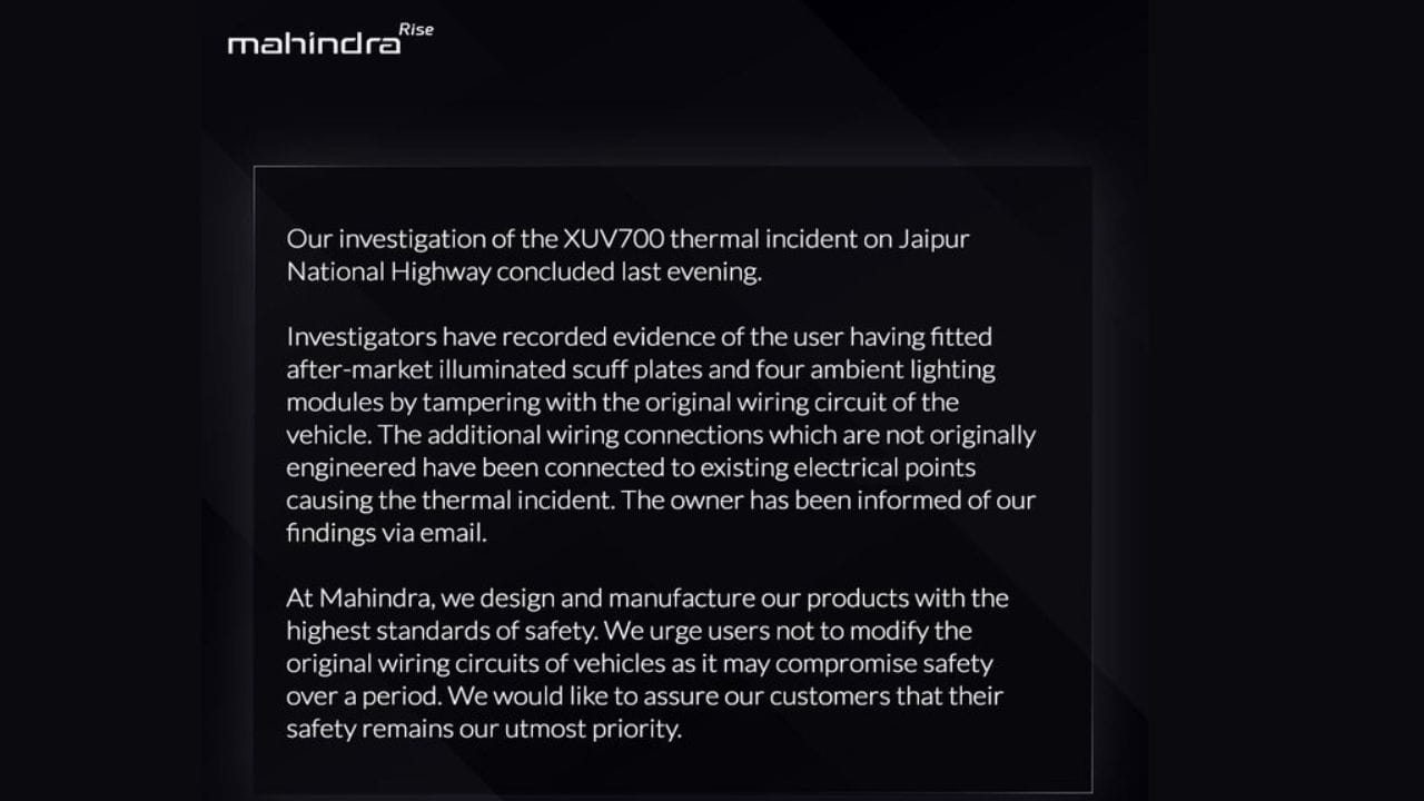 mahindra xuv700 fire because of aftermaket accessories, company investigated jaipur highway fire incident