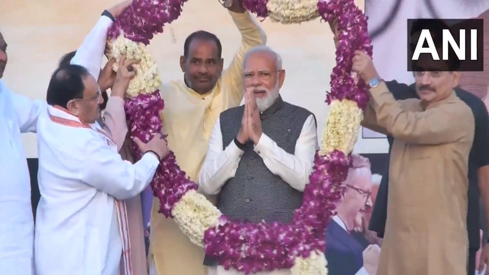 Preparations for grand Welcome of PM Narendra Modi at Palam Airport in Delhi, gathering of BJP workers outside