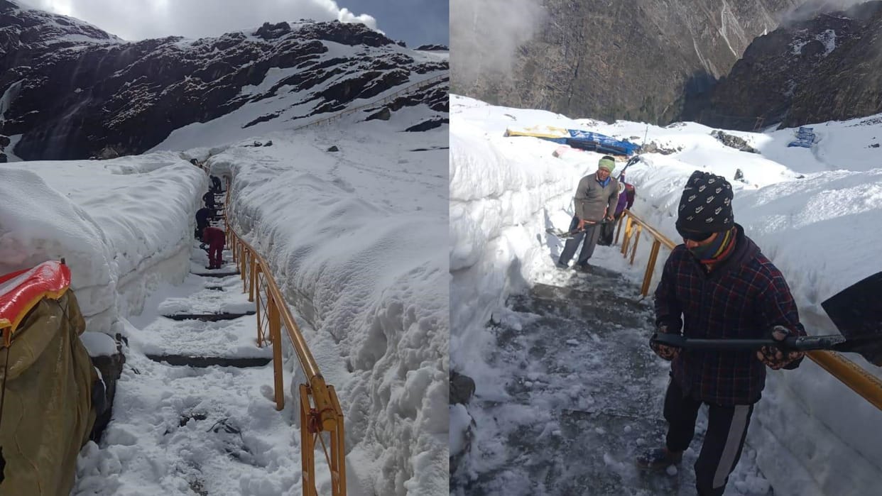 Hemkund Sahib Yatra Weather Snowfall snow cleaning work lying on Astha Path by servants of Gurdwara continues