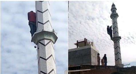 A young man climbed the minaret of the mosque in Farrukhabad, tied a loudspeaker wire around his neck