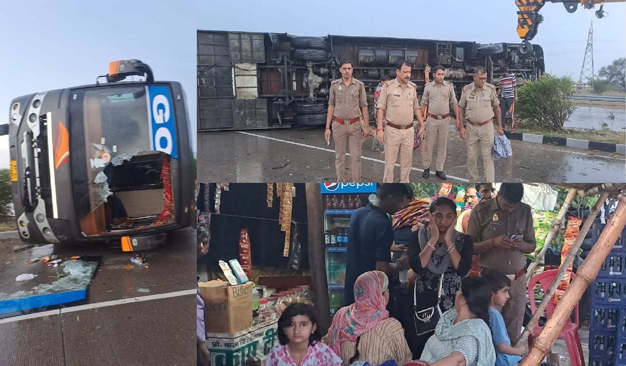 Passenger bus overturned in Fatehpur, uncontrollably collided with the divider, people came out by breaking th