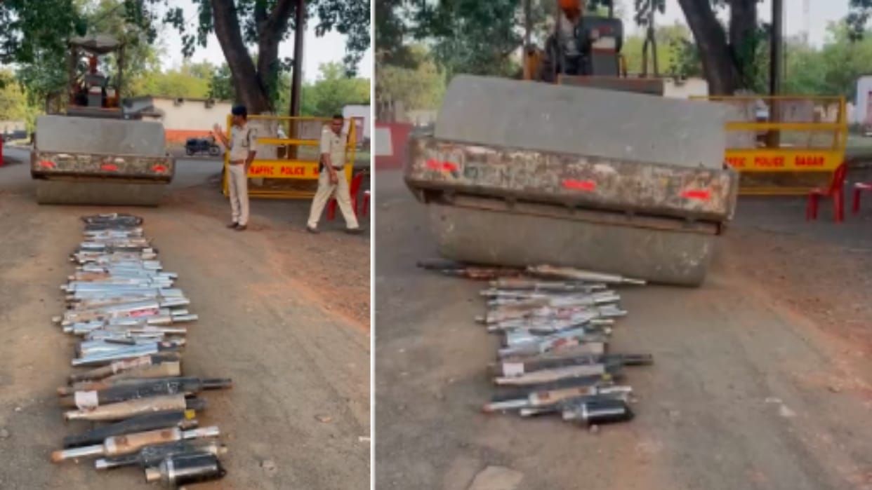 Sagar: Police crackdown on bikes making sound like firecrackers, 70 modified silencers crushed by roadroller
