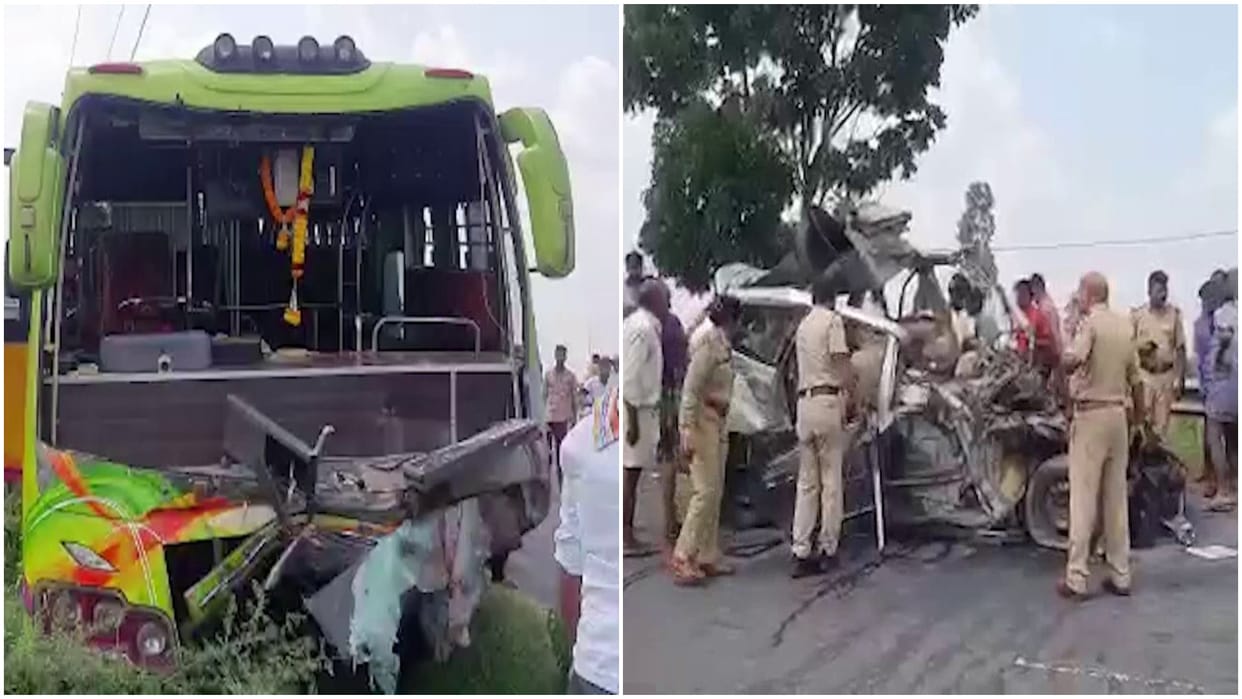 Bus-truck collision in Karnataka Many killed Car caught fire after colliding railing in Buldhana News Updates