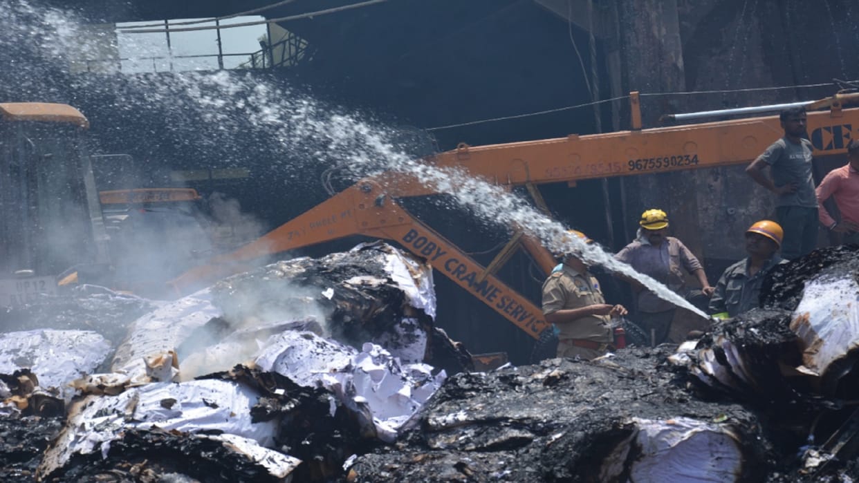 Fire brigade team of eight districts are engaged in extinguishing fire at Bindal Paper Mill in Muzaffarnagar