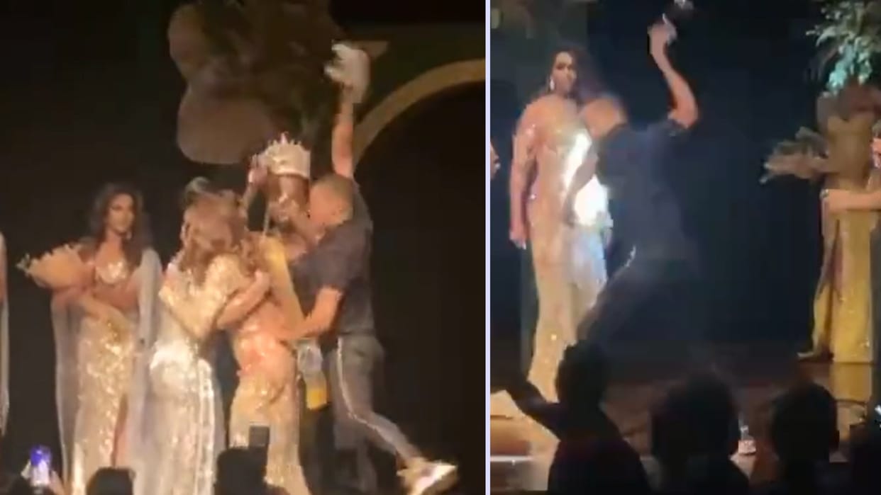 wife lost beauty contest then husband broke the winner crown by throwing it on the ground in brazil VIDEO