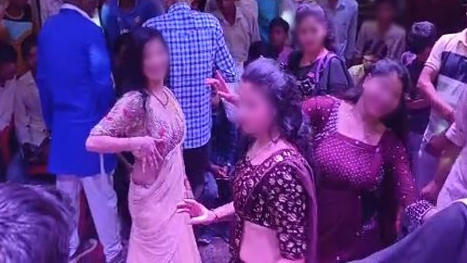 lady dancers danced in the Tilak ceremony of Pradhan son in Gaushala