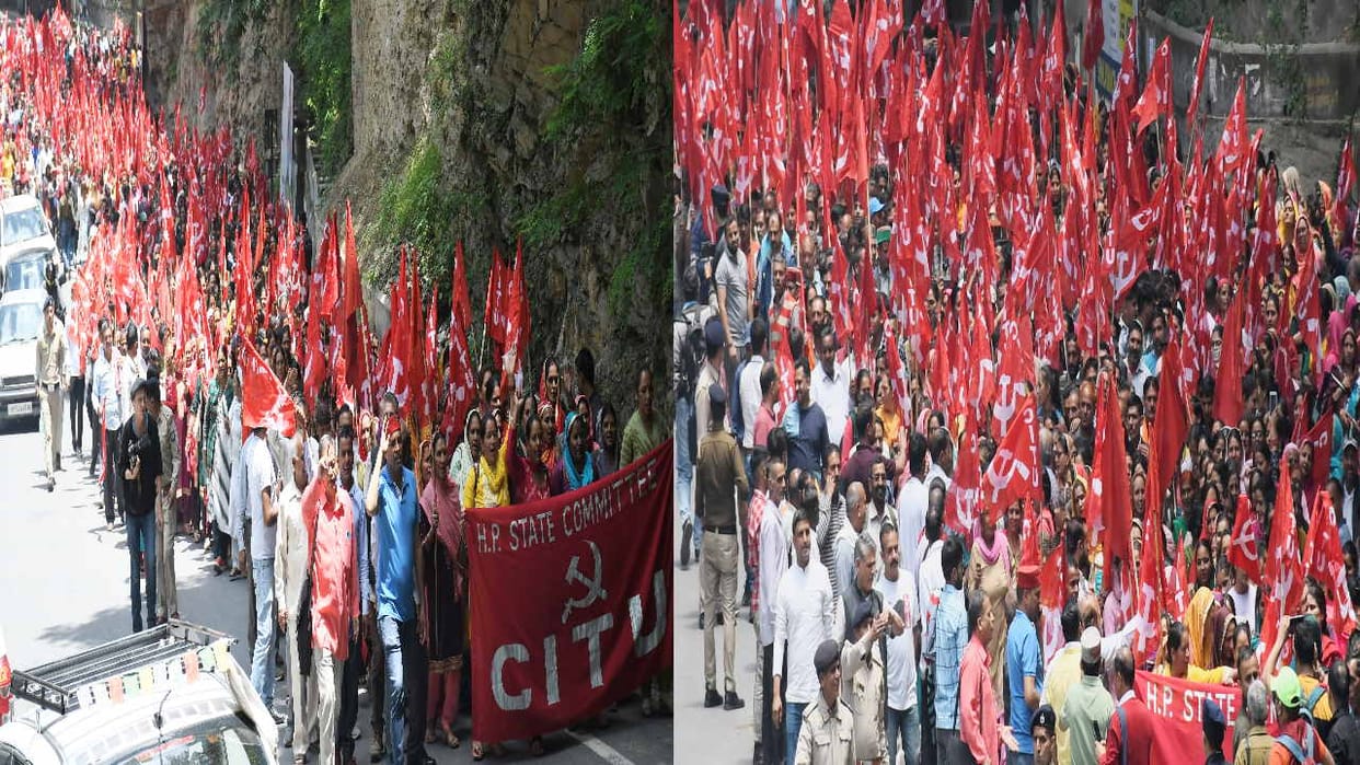 Workers protest outside the secretariat in Shimla for their demands