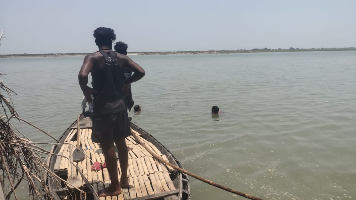 A boat get drowned in a river in Bidhar ghat in Ambedkarnagar.
