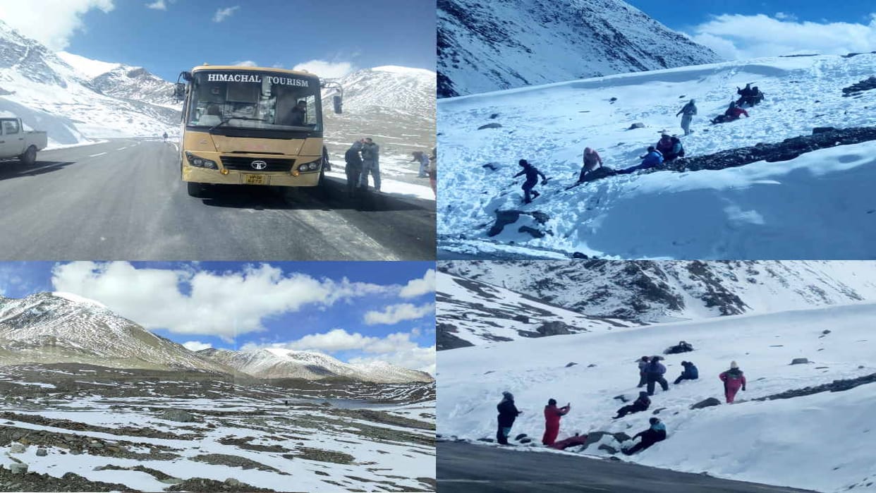 For the first time after seven months, the bus reached Baralacha Pass, the tourists saw snow covered valleys