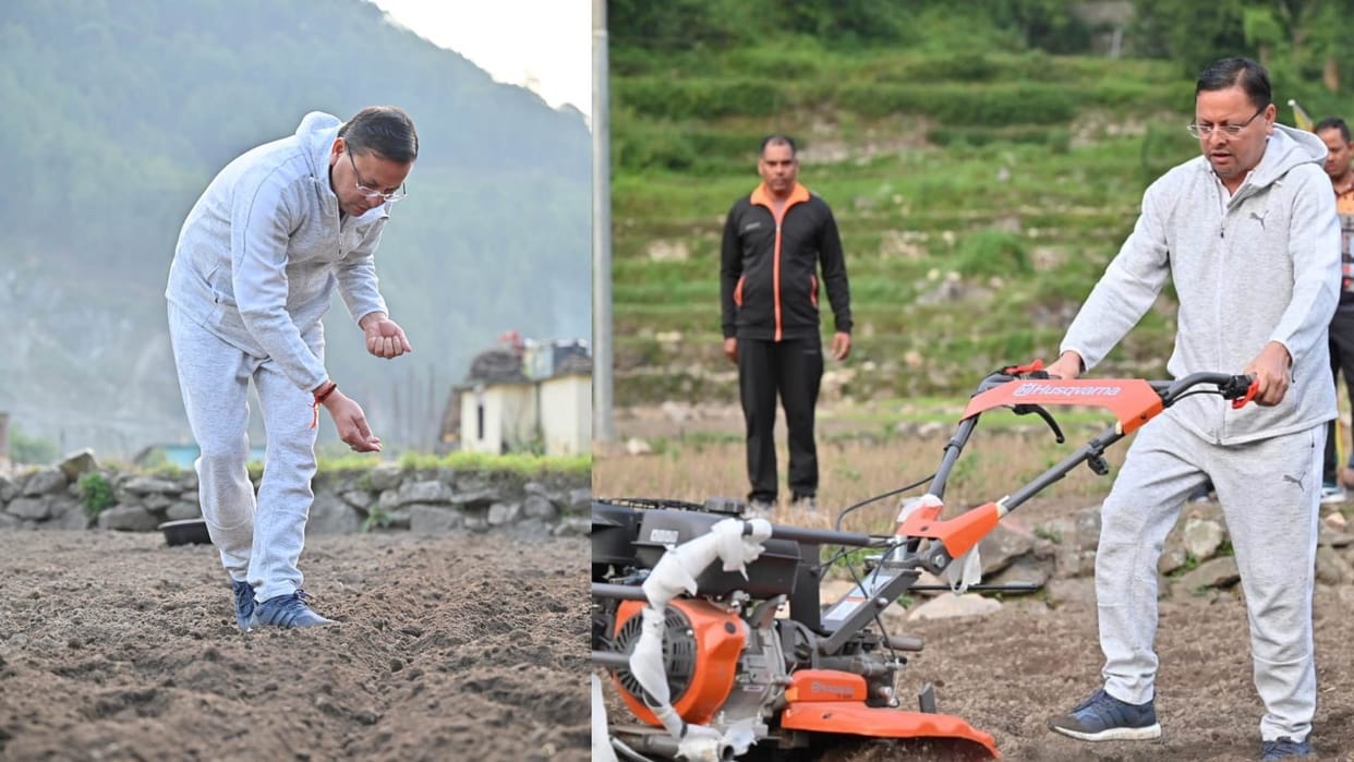 CM Dhami two-day Uttarkashi tour went on morning walk sowed Mandua plowed the fields with power weeder