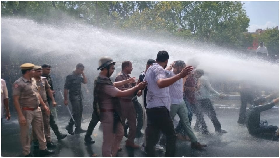 BJP protest in Jaipur police chased leaders and workers by running water canon arrests also took place