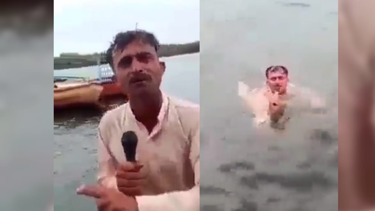 pakistan reporter jumped into river while cyclone biporjoy video viral people says second chand nawab