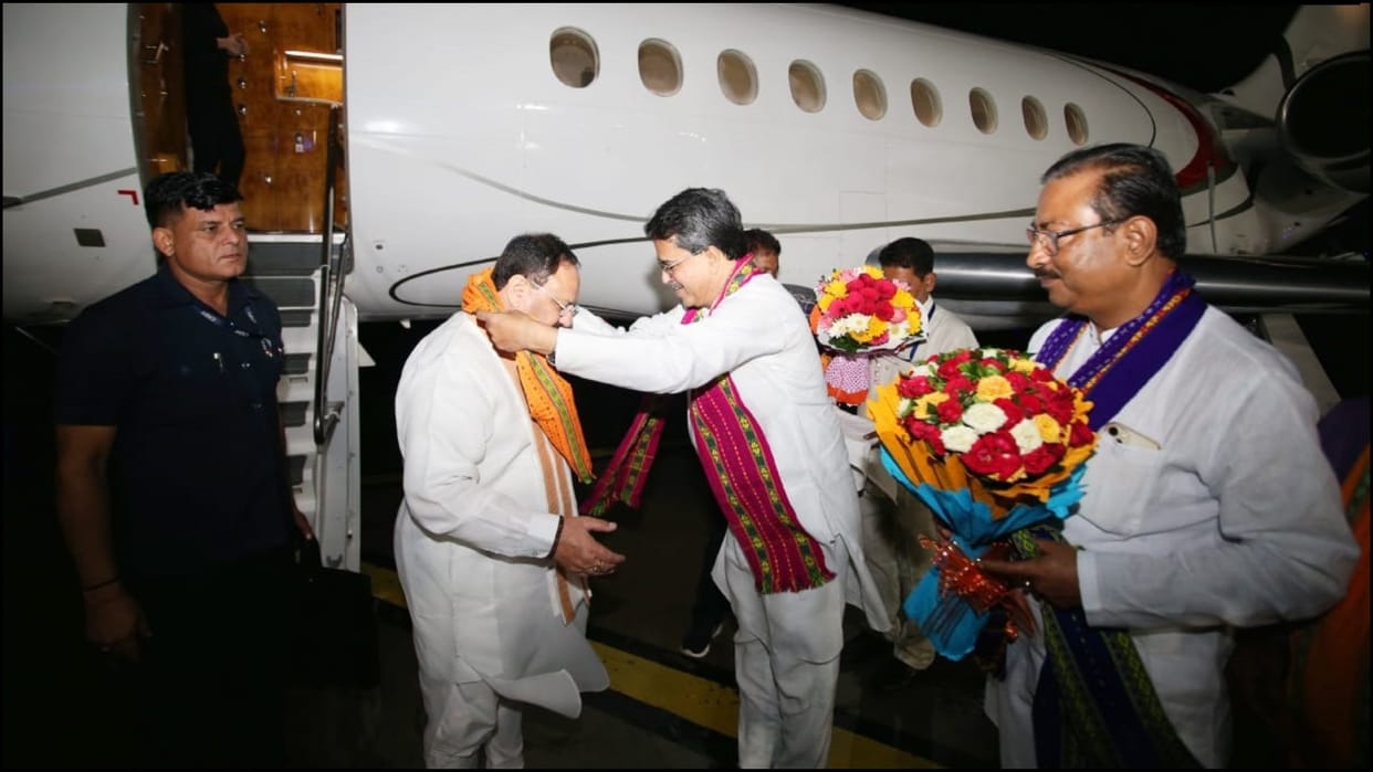 JP Nadda arrives in Tripura to address bjp rally in South Tripura to mark completion of Modi govt nine years
