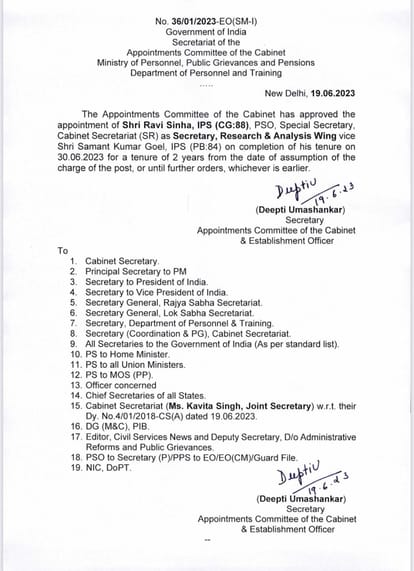 ips ravi sinha appoint new raw chief cabinet approved replace samant kumar goel