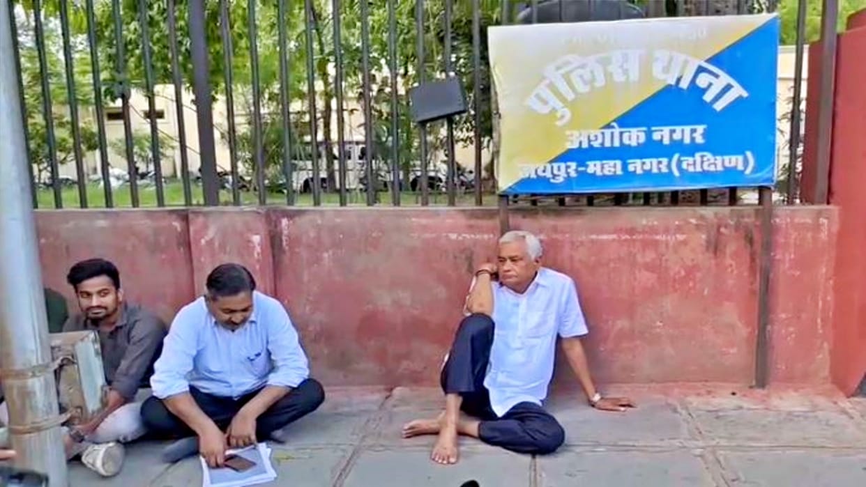 BJP MP Meena sitting on dharna outside the police station in Jaipur