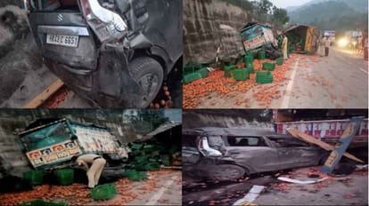 A truck loaded with tomatoes overturned after hitting three vehicles in Sundernagar