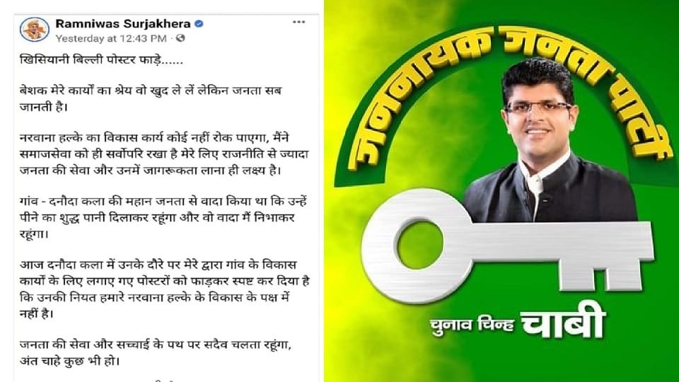 JJP MLA expressed his displeasure by tweeting: Surajkheda torn posters before Dushyant visit in jind