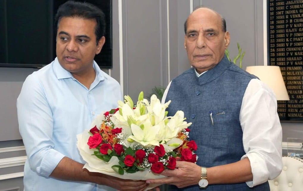 K T Rama Rao calls on Rajnath Singh and sought transfer of defence land in Hyderabad for projects