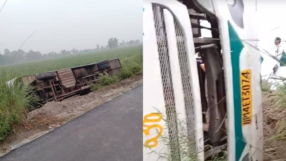 Sambhal Road Accident News: Bus Overturned On Narora-Junawai Road in Gunnaur