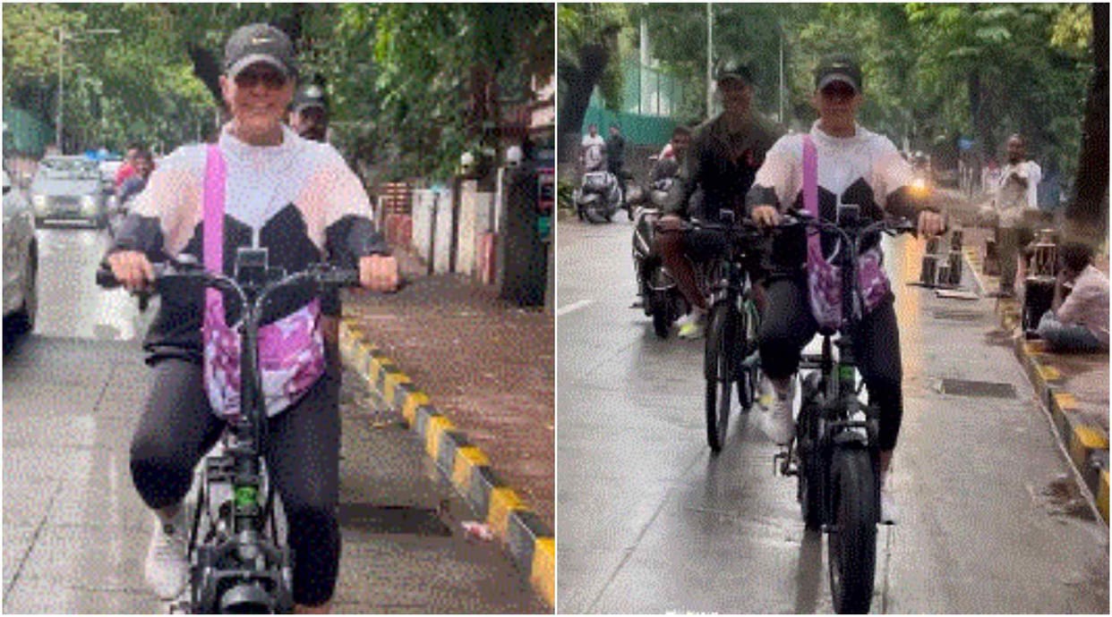 Neha Dhupia enjoying Mumbai weather Actress enjoys some fun cycling in the city Video Goes Viral