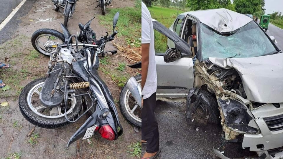 father and son died due to car hit the bike in shahjahanpur
