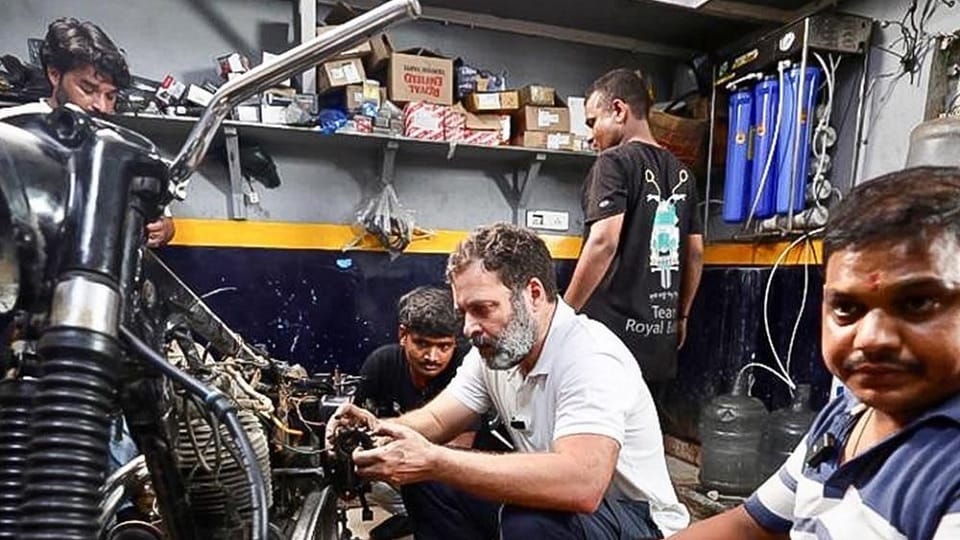 Rahul Gandhi visits motorcycle mechanic workshops in Delhi's Karol Bagh