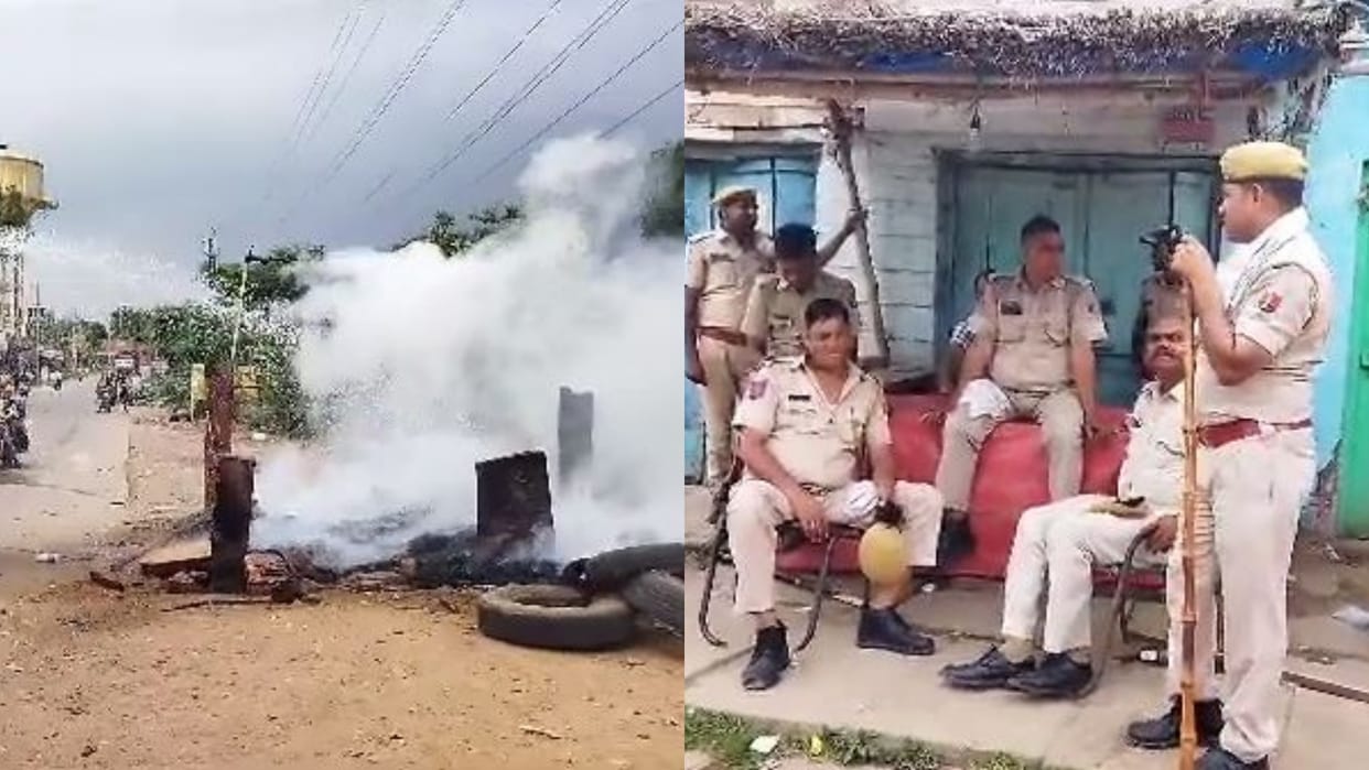 Bharatpur News Controversy over Pathkar Naka in Bayana people burnt the block, police deployed
