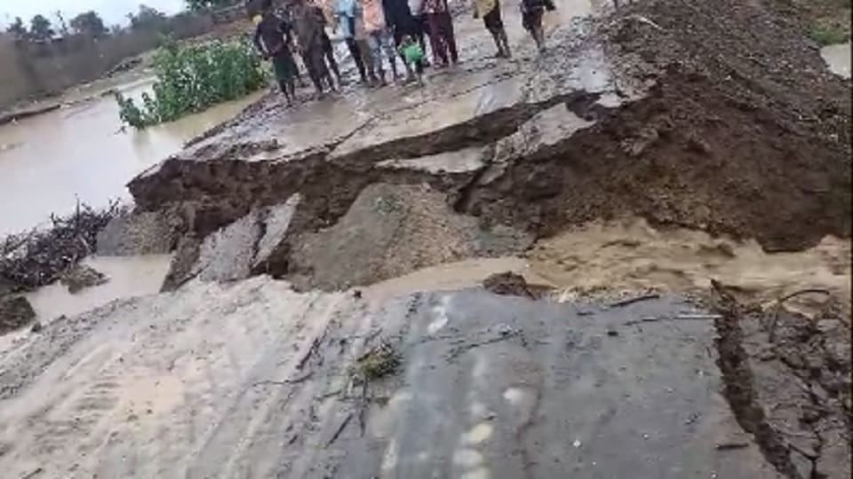 Road erosion due to heavy rains in Korba
