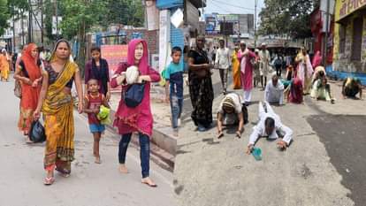 Mathura News: परिक्रमा शुरू करने से पहले दंडवत होती भक्तों की टोली और विदेशी श्रद्धालु।